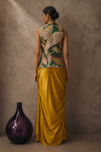 Shop_Aroop Shop India_Mustard Crepe Collared , Bandeau Varaa Draped Skirt Set _at_Aza_Fashions