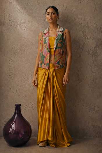 Shop_Aroop Shop India_Mustard Crepe Collared , Bandeau Varaa Draped Skirt Set _Online_at_Aza_Fashions