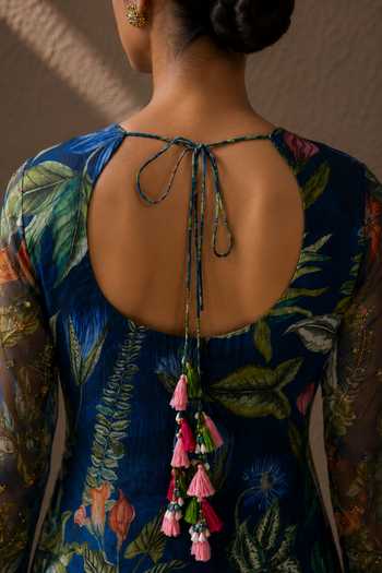 Aroop Shop India_Blue Chiffon Round Neck, Yes Ziya Printed Kurta Set _Online_at_Aza_Fashions