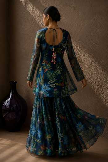 Buy_Aroop Shop India_Blue Chiffon Round Neck, Yes Ziya Printed Kurta Set _Online_at_Aza_Fashions