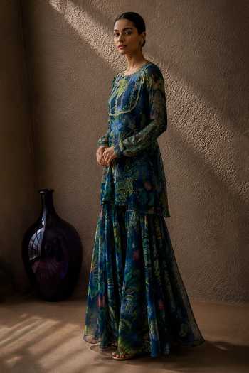 Buy_Aroop Shop India_Blue Chiffon Round Neck, Yes Ziya Printed Kurta Set 