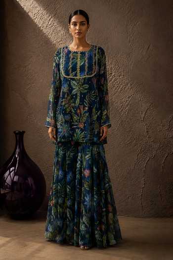 Buy_Aroop Shop India_Blue Chiffon Round Neck, Yes Ziya Printed Kurta Set _at_Aza_Fashions
