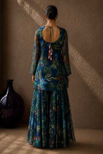 Shop_Aroop Shop India_Blue Chiffon Round Neck, Yes Ziya Printed Kurta Set _at_Aza_Fashions