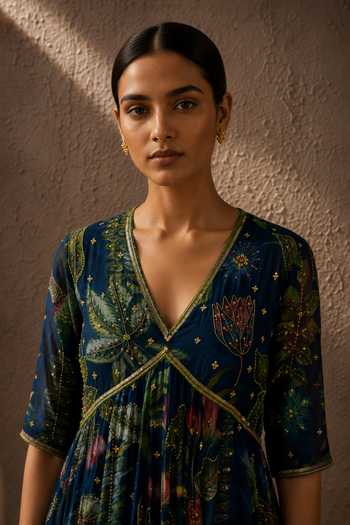 Aroop Shop India_Blue Chiffon V-neck Aleena Printed Anarkali Set _Online_at_Aza_Fashions