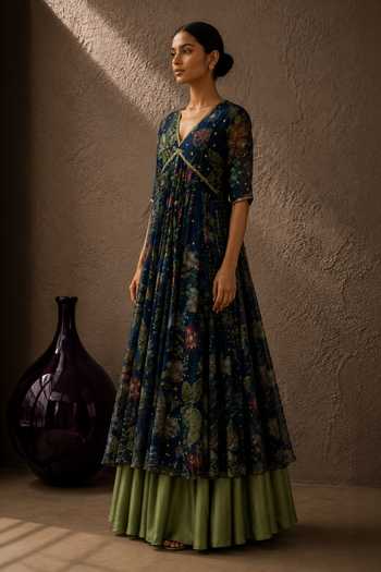 Buy_Aroop Shop India_Blue Chiffon V-neck Aleena Printed Anarkali Set _Online_at_Aza_Fashions