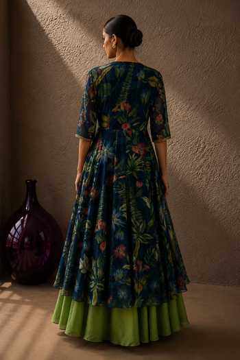 Shop_Aroop Shop India_Blue Chiffon V-neck Aleena Printed Anarkali Set _at_Aza_Fashions