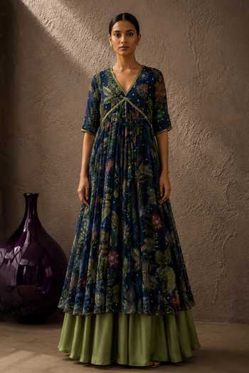 Buy_Aroop Shop India_Blue Chiffon V-neck Aleena Printed Anarkali Set _at_Aza_Fashions