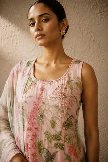 Buy_Aroop Shop India_Pink Chiffon Scoop Neck Liyana Printed Kurta Set _Online_at_Aza_Fashions