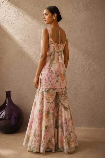 Shop_Aroop Shop India_Pink Chiffon Scoop Neck Liyana Printed Kurta Set _Online_at_Aza_Fashions