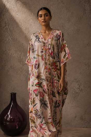 Aroop Shop India_Pink Shantoon V-neck Dahlia Printed Kaftan _Online_at_Aza_Fashions