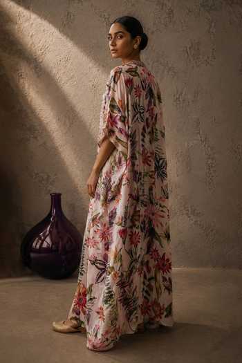Buy_Aroop Shop India_Pink Shantoon V-neck Dahlia Printed Kaftan _Online_at_Aza_Fashions