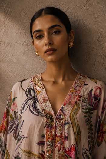 Shop_Aroop Shop India_Pink Shantoon V-neck Dahlia Printed Kaftan _Online_at_Aza_Fashions