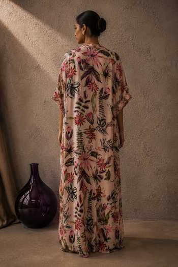 Shop_Aroop Shop India_Pink Shantoon V-neck Dahlia Printed Kaftan _at_Aza_Fashions