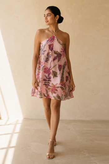 Buy_Aroop Shop India_Pink Chiffon Halter Neck Juniper Short Dress _at_Aza_Fashions