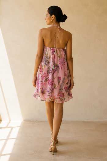 Shop_Aroop Shop India_Pink Chiffon Halter Neck Juniper Short Dress _at_Aza_Fashions