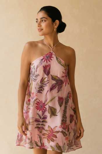 Aroop Shop India_Pink Chiffon Halter Neck Juniper Short Dress _Online_at_Aza_Fashions