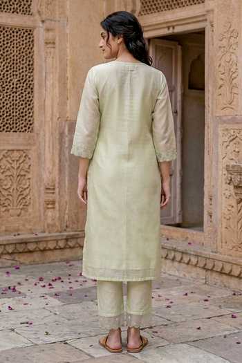 Shop_Missprint_Green Chanderi Silk, Cotton, Organza Round Neck Block Print Pastel Kurta Set _at_Aza_Fashions