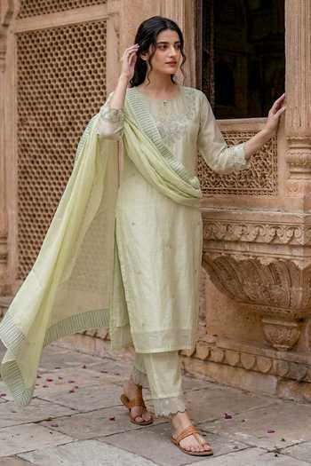Shop_Missprint_Green Chanderi Silk, Cotton, Organza Round Neck Block Print Pastel Kurta Set _Online_at_Aza_Fashions