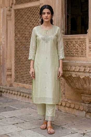 Missprint_Green Chanderi Silk, Cotton, Organza Round Neck Block Print Pastel Kurta Set _at_Aza_Fashions