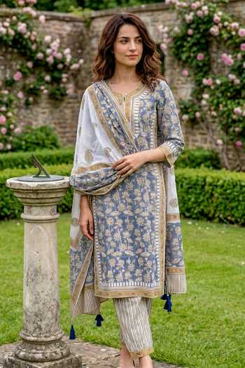 Missprint_Blue Cotton Round Neck Dusty Hand Block Print Kurta Set _Online_at_Aza_Fashions
