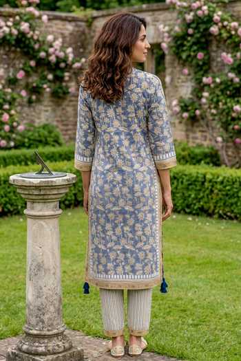 Shop_Missprint_Blue Cotton Round Neck Dusty Hand Block Print Kurta Set _at_Aza_Fashions