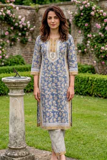 Buy_Missprint_Blue Cotton Round Neck Dusty Hand Block Print Kurta Set _Online_at_Aza_Fashions