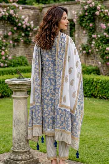 Shop_Missprint_Blue Cotton Round Neck Dusty Hand Block Print Kurta Set _Online_at_Aza_Fashions