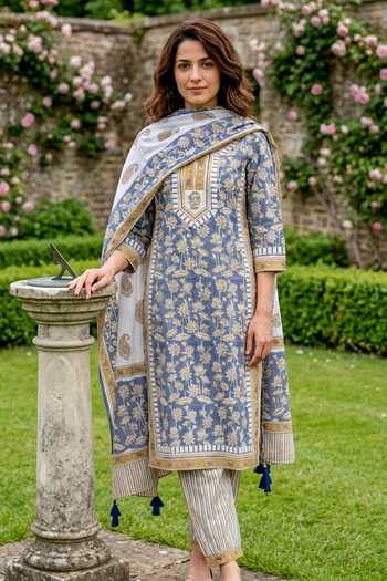Buy_Missprint_Blue Cotton Round Neck Dusty Hand Block Print Kurta Set _at_Aza_Fashions