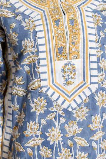 Buy_Missprint_Blue Cotton Round Neck Dusty Hand Block Print Kurta Set 