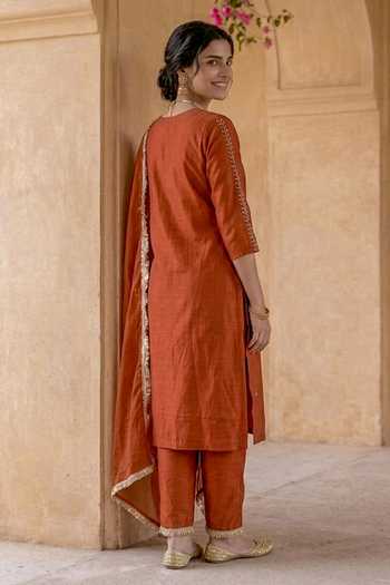 Shop_Missprint_Orange Chanderi Silk, Cotton, Organza V-neck, Yes Rust Kurta Set _at_Aza_Fashions