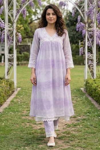 Missprint_Purple Organza, Cotton V-neck Shibori Tie Dye Kurta Set _Online_at_Aza_Fashions
