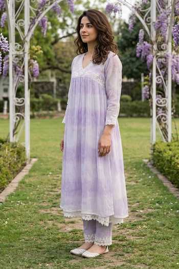 Buy_Missprint_Purple Organza, Cotton V-neck Shibori Tie Dye Kurta Set _Online_at_Aza_Fashions