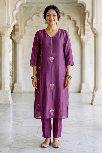 Missprint_Purple Silk, Cotton, Silk, Kurta Set With Printed Dupatta _Online_at_Aza_Fashions