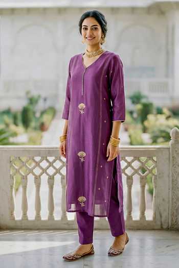 Buy_Missprint_Purple Silk, Cotton, Silk, Kurta Set With Printed Dupatta _Online_at_Aza_Fashions