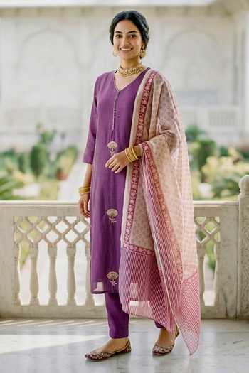 Shop_Missprint_Purple Silk, Cotton, Silk, Kurta Set With Printed Dupatta _Online_at_Aza_Fashions