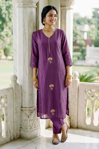 Missprint_Purple Silk, Cotton, Silk, Kurta Set With Printed Dupatta _at_Aza_Fashions