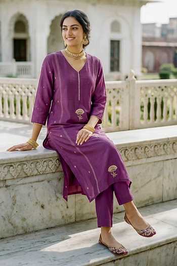 Buy_Missprint_Purple Silk, Cotton, Silk, Kurta Set With Printed Dupatta 