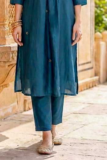 Missprint_Blue Silk, Chanderi, Shantoon Mandarin Collar Straight Kurta Pant Set _Online_at_Aza_Fashions
