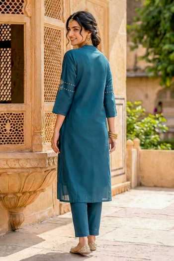Shop_Missprint_Blue Silk, Chanderi, Shantoon Mandarin Collar Straight Kurta Pant Set _at_Aza_Fashions