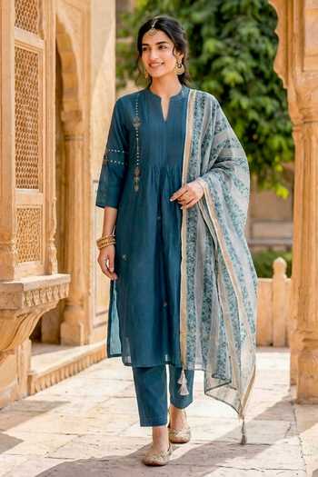 Buy_Missprint_Blue Silk, Chanderi, Shantoon Mandarin Collar Straight Kurta Pant Set _at_Aza_Fashions
