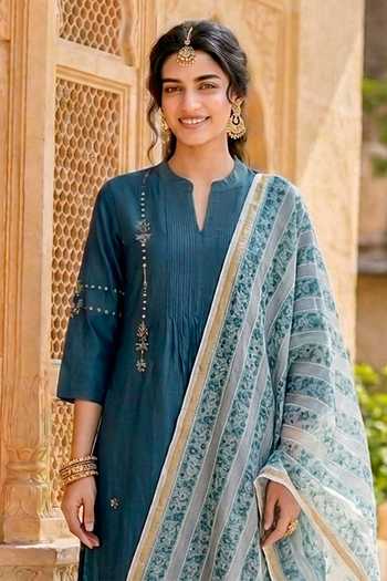Shop_Missprint_Blue Silk, Chanderi, Shantoon Mandarin Collar Straight Kurta Pant Set _Online_at_Aza_Fashions