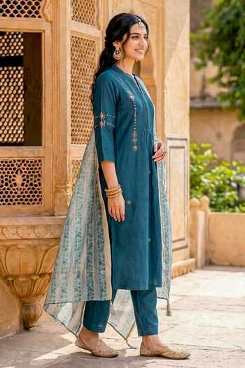 Missprint_Blue Silk, Chanderi, Shantoon Mandarin Collar Straight Kurta Pant Set _at_Aza_Fashions