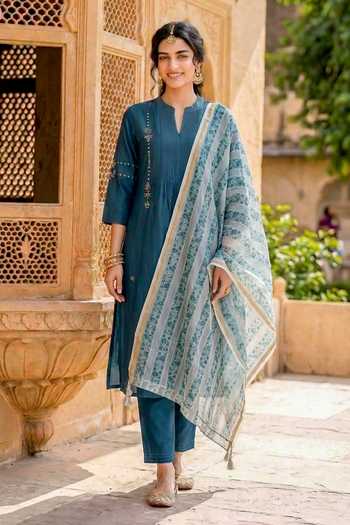 Buy_Missprint_Blue Silk, Chanderi, Shantoon Mandarin Collar Straight Kurta Pant Set 