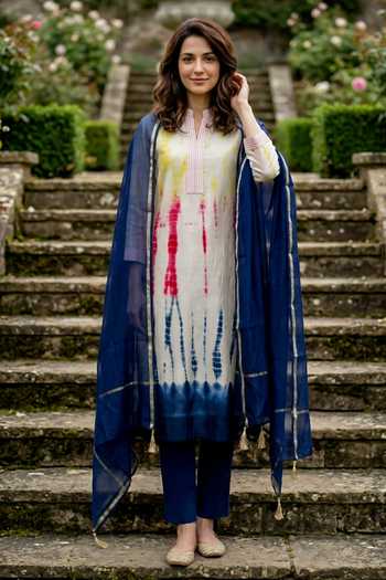Buy_Missprint_Ivory Silk, Chanderi, Cotton Mandarin Collar Tie-dye Kurta Pant Set _at_Aza_Fashions