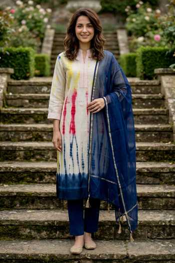 Shop_Missprint_Ivory Silk, Chanderi, Cotton Mandarin Collar Tie-dye Kurta Pant Set _Online_at_Aza_Fashions