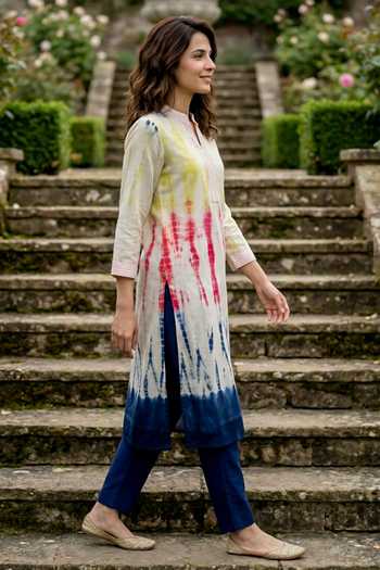Missprint_Ivory Silk, Chanderi, Cotton Mandarin Collar Tie-dye Kurta Pant Set _at_Aza_Fashions