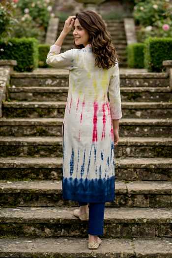 Shop_Missprint_Ivory Silk, Chanderi, Cotton Mandarin Collar Tie-dye Kurta Pant Set _at_Aza_Fashions