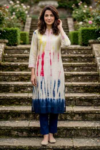 Shop_Missprint_Ivory Silk, Chanderi, Cotton Mandarin Collar Tie-dye Kurta Pant Set 