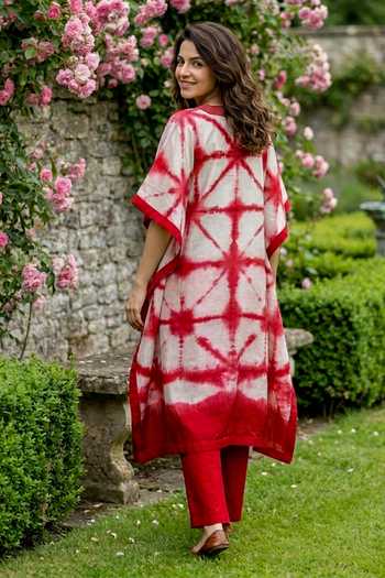 Shop_Missprint_Red Silk, Chanderi, Cotton V-neck Tie Dye Kaftan And Pant Set _at_Aza_Fashions