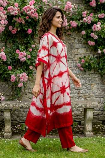 Shop_Missprint_Red Silk, Chanderi, Cotton V-neck Tie Dye Kaftan And Pant Set _Online_at_Aza_Fashions
